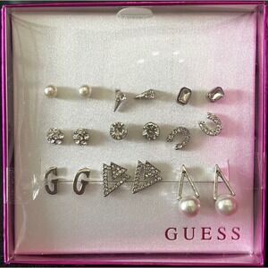 Guess Silver‎ Tone Stud Earrings Set of 9 Pairs Women's Jewelry